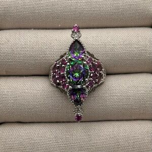Amazing Dramatic Purple and Green Gemstone Sterling Silver Statement Ring size 7